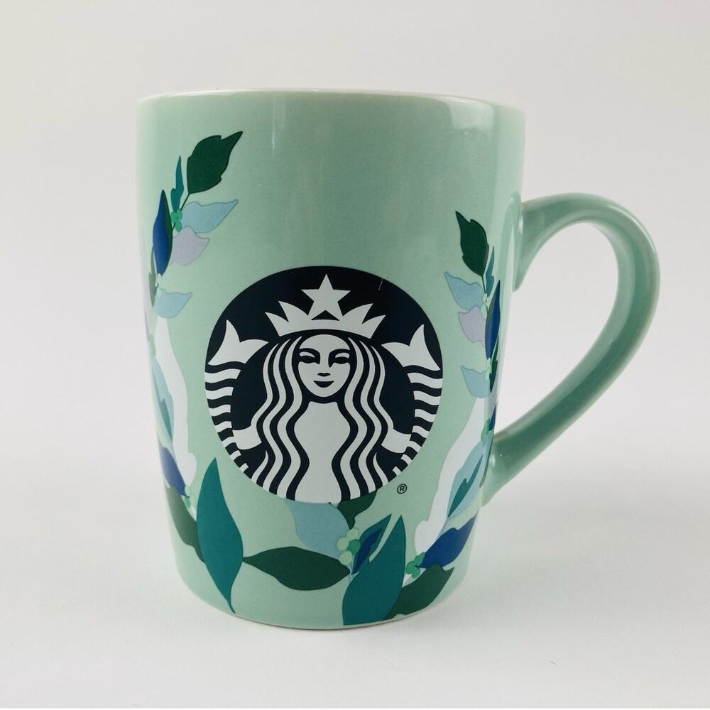 Starbucks Mug Mint Green 2020 Leaves & Mermaid Logo 10oz Wreath Blue Back Coffee